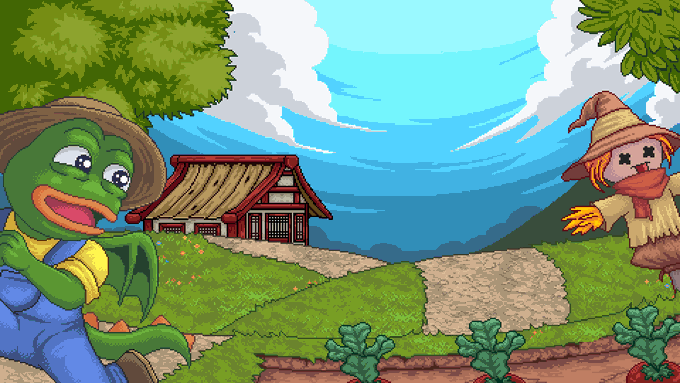 A Pepe the Frog farmer in overalls tends crops near a scarecrow and thatched cottage, evoking a farming/harvest aesthetic that ties into the crypto giveaway's theme of "harvesting" a whitelist spot through engagement.