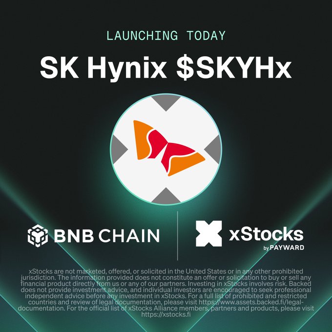 The image announces the launch of tokenized SK Hynix equity ($SKYHx) on BNB Chain via xStocks by PAYWARD, coinciding with SK Hynix's record $26.5 billion Nasdaq IPO—the largest US listing by a foreign company—as described in the accompanying post.