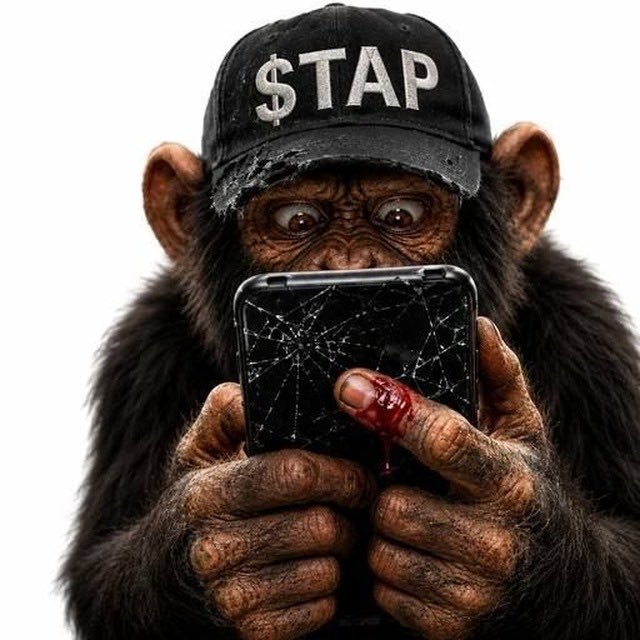 A chimpanzee wearing a black '$TAP' cap, staring intently at a cracked smartphone with a bloody finger.