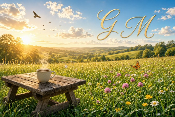 A scenic image of a steaming coffee cup on a wooden bench in a flower-filled meadow at sunset, with the stylized gold letters 'GM' overlaid.