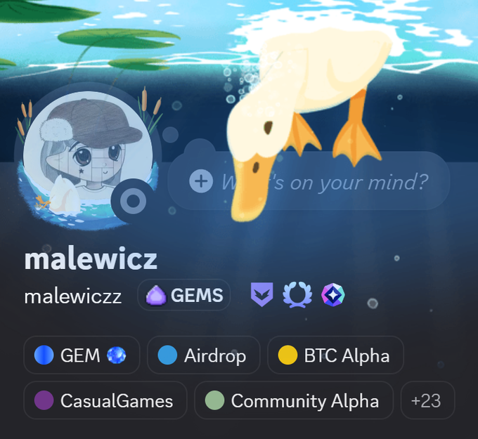 A profile screen for user 'malewicz' (malewiczz) with a GEMS badge, featuring an avatar of a character in a duck float, with a large duck underwater and tag categories including GEM, Airdrop, BTC Alpha, CasualGames, and Community Alpha.