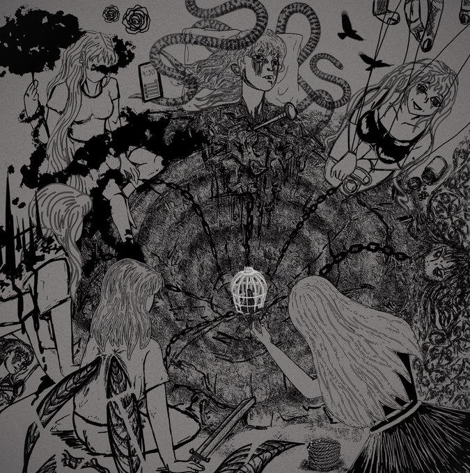 A black and white sketch-style illustration showing a group of figures with long hair, some holding weapons, gathered around a glowing spherical cage or orb, with snakes and crows in the background.
