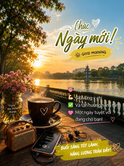A Vietnamese good morning greeting graphic showing a sunrise lakeside scene with coffee, flowers, and a radio, featuring text 'Chào Ngày mới!' (Good Morning) and motivational bullet points about staying focused and positive.