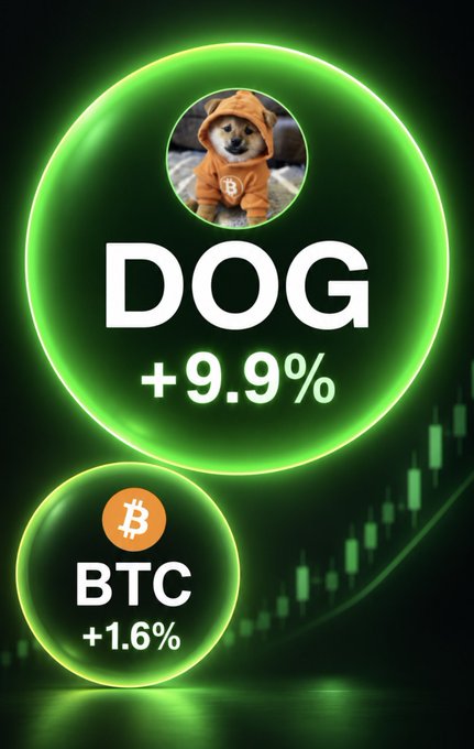 A meme-style cryptocurrency graphic showing "DOG +9.9%" with a Shiba Inu dog wearing a Bitcoin hoodie, and "BTC +1.6%" below it on a green candlestick chart background.