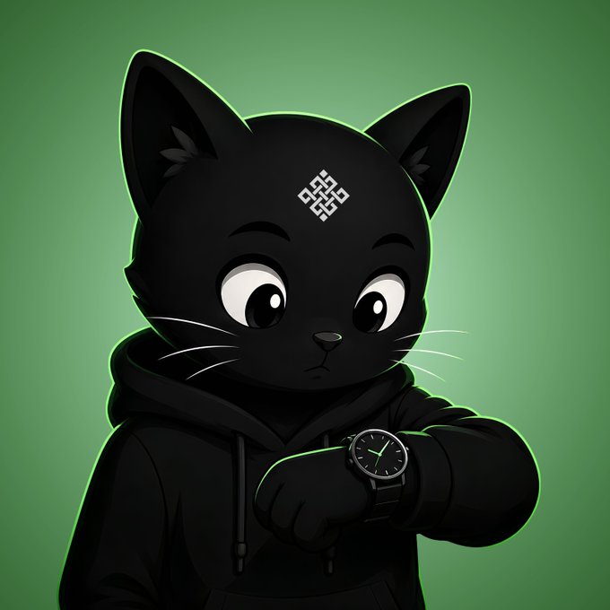A stylized black cat mascot wearing a hoodie checks a glowing watch against a green background, with an eternal knot symbol on its forehead. The image visually reinforces the post's theme of "correct time" and timing in the AI/crypto cycle, tying the watchful, patient feline to @ritualnet's moment of opportunity.