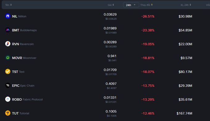 A cryptocurrency tracking interface showing top 24h losers including NIL/Nillion (-26.51%), BMT/Bubblemaps (-23.38%), RVN/Ravencoin (-19.05%), and MOVR/Moonriver (-18.81%) with their prices and market caps.