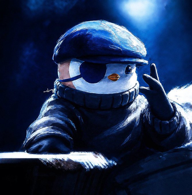 A stylized digital painting of an anthropomorphic penguin wearing a flat cap, an eyepatch, and a dark sweater, pointing upward with one flipper against a dark blue background.