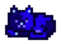 A pixel art illustration of a small dark blue and purple cat-like creature with glowing cyan eyes against a white background.