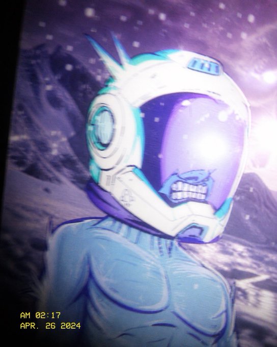 An anime-style illustration of a figure wearing a futuristic white and purple astronaut helmet with a skull-like visor, timestamped 'AM 02:17 APR. 26 2024.'