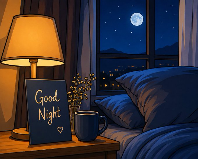 A cozy illustrated nighttime bedroom scene featuring a warm-lit lamp, a 'Good Night' greeting card with a small heart, a coffee mug, and a view of the moon and stars through the window.