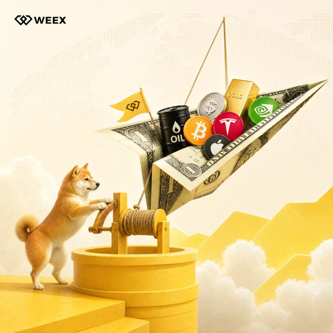 A promotional image for WEEX featuring a Shiba Inu dog turning a well crank, with a paper airplane made of a dollar bill carrying various assets including Bitcoin, Tesla, Apple, oil, and gold flying upward.