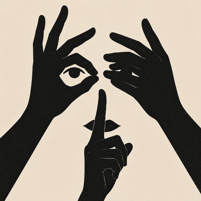 The image features a black and white illustration of three hands with fingers pointing upwards, forming an "X" shape that looks like a face. The hands are positioned above each other, creating a sense of unity or connection between them. The background is plain white, which further emphasizes the hands and their actions. The caption at the bottom of the image reads: "The silence has a face. HUSH lives in unfinished sentences, shared glances, and secrets held for one second too long." This phrase refers to the concept that the three hands represent the silent treatment or lack of communication between people.