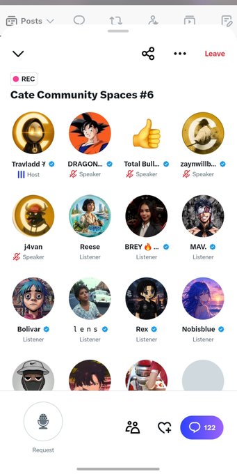 Screenshot of a Twitter Space titled "Cate Community Spaces #6" hosted by Trav1add, featuring speakers including "DRAGON...," "Total Bull...," and "zaynwillb...," with listeners like Reese, BREY, and MAV. in a panel of 12 active participants and over 122 listeners tuning in for the live recording.
