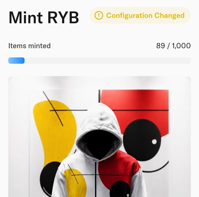 A screenshot titled 'Mint RYB' shows a 'Configuration Changed' notice and a minting progress bar at 89/1,000 items, with a photo of a hooded figure in a red and white jacket against a graphic background below.