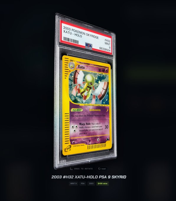 A PSA-graded 2003 Pokémon Skyridge Xatu-Holo card (H32, Mint 9) displayed in a digital viewer interface, valued at $499.