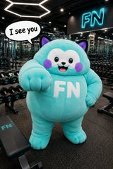 A small cartoon image showing a light blue furry character wearing a 'FN' shirt with a speech bubble saying 'I see you,' in front of an 'FN' gym setting.