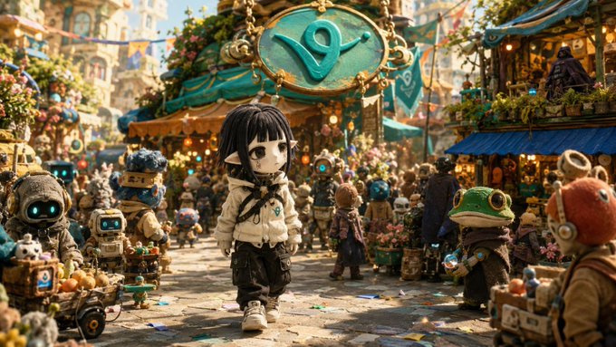 A colorful fantasy digital artwork featuring an anime-style character with pointed ears standing in a bustling market street surrounded by small robots and whimsical creatures.
