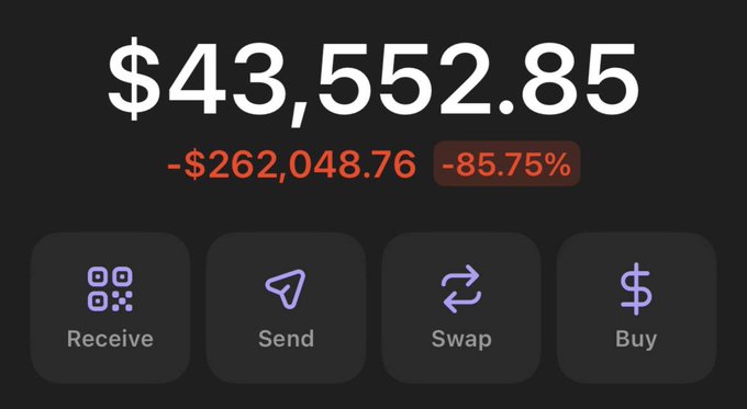 The image shows a screenshot of an app screen with a black background, displaying information about a cryptocurrency exchange called "Solana". The main focus of the image is a message that reads "Got drained for over 250k$ thanks solana", indicating that someone has lost their entire investment in the cryptocurrency.