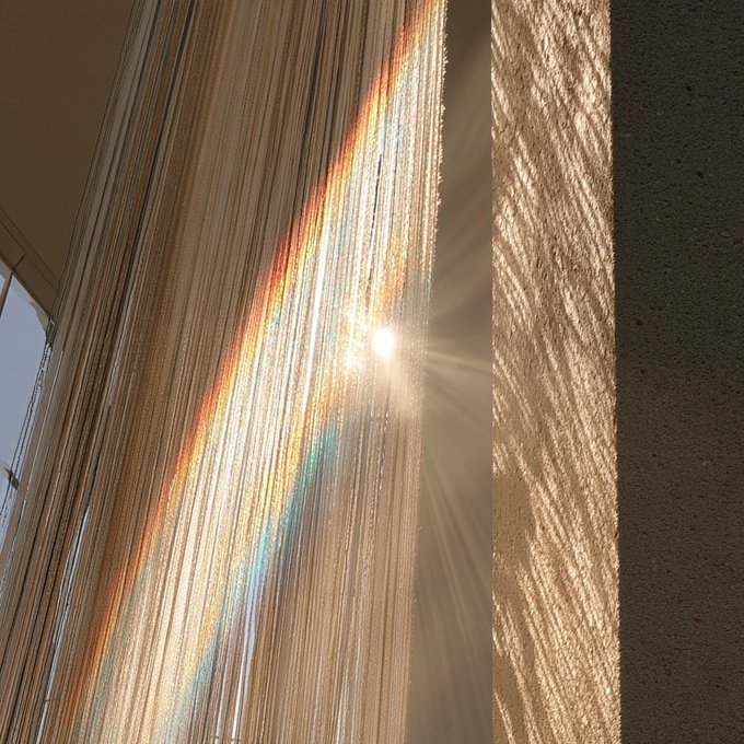 Sunlight streams through vertical string curtains, creating a rainbow prism effect and casting textured shadows on an adjacent wall.