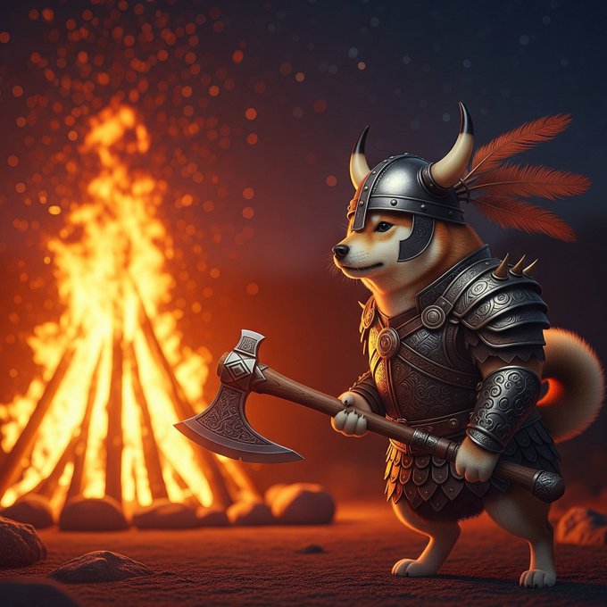 This image depicts a Shiba Inu dog dressed as a Viking warrior, axe in hand and standing by a large bonfire, perfectly embodying the "warrior" spirit of the $FLOKI cryptocurrency mentioned in the post. The fiery backdrop and the canine in armor visually represent the strength and readiness for action implied by the post's call to "raid feeds."