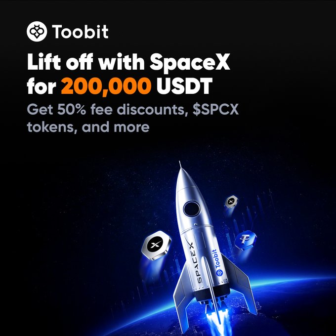 A promotional graphic for Toobit featuring a SpaceX-themed rocket launching with Toobit and SpaceX branding, advertising "Lift off with SpaceX for 200,000 USDT" along with 50% fee discounts and $SPCX tokens as rewards.