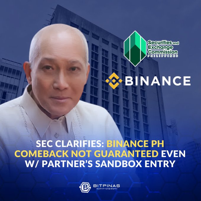 A news graphic featuring SEC and Binance logos with text reading "SEC CLARIFIES: BINANCE PH COMEBACK NOT GUARANTEED EVEN W/ PARTNER'S SANDBOX ENTRY" by BitPinas.