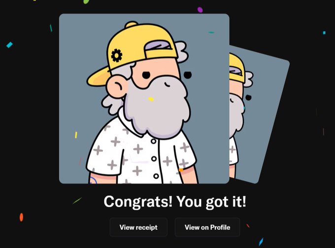 A digital collectible or NFT receipt screen showing a cartoon character with a yellow cap, white beard, and patterned shirt, with the message 'Congrats! You got it!' and buttons for 'View receipt' and 'View on Profile'.