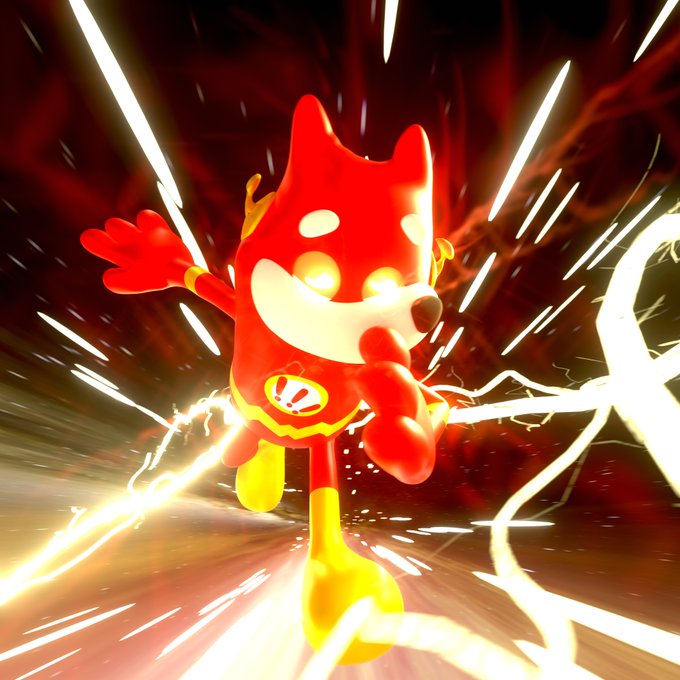 A glowing red fox-like cartoon character with yellow eyes, gloves, and boots charges forward dramatically, surrounded by crackling lightning and energy streaks against a dark red background. The dynamic, heroic pose matches the post's caption, depicting "The Dog" as a powerful, electrifying figure bursting into action.