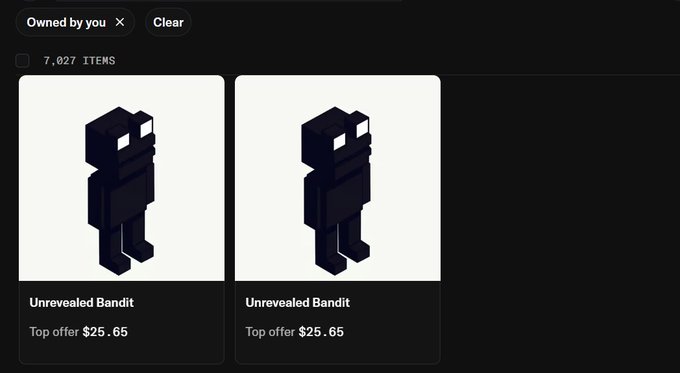 An NFT marketplace interface showing two pixelated, black character icons labeled 'Unrevealed Bandit' with a top offer of '$25.65' each, under an 'Owned by you' filter.