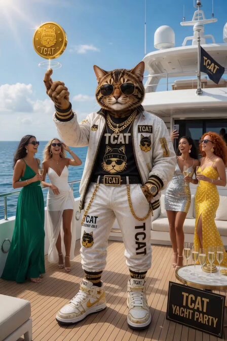 The image features a cat character dressed as a man, holding a gold coin above his head while standing on a boat with several people around him. The caption of the image reads "Alpha cats don't chase the bag... the bag chases us Yacht life on Solana speed on #TabbyCatMeme #Solana $TCAT loading the next moon mission. Who's boarding with the Tabby? #TabbyCatMeme #Solana".