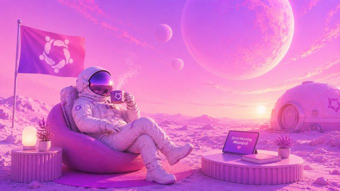 A pink and purple themed digital illustration of an astronaut sitting in a chair on a moon-like surface, holding a mug, with a laptop showing 'Good Morning Manga' and a flag with an 'S' logo nearby.