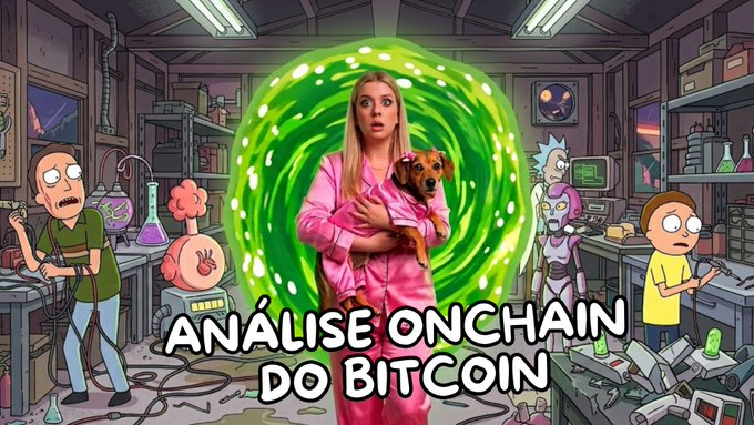 A Rick and Morty-style cartoon background features a cutout of a woman in a pink shirt holding a dog, surrounded by a green portal, with the bold white text "ANÁLISE ONCHAIN DO BITCOIN" at the bottom.