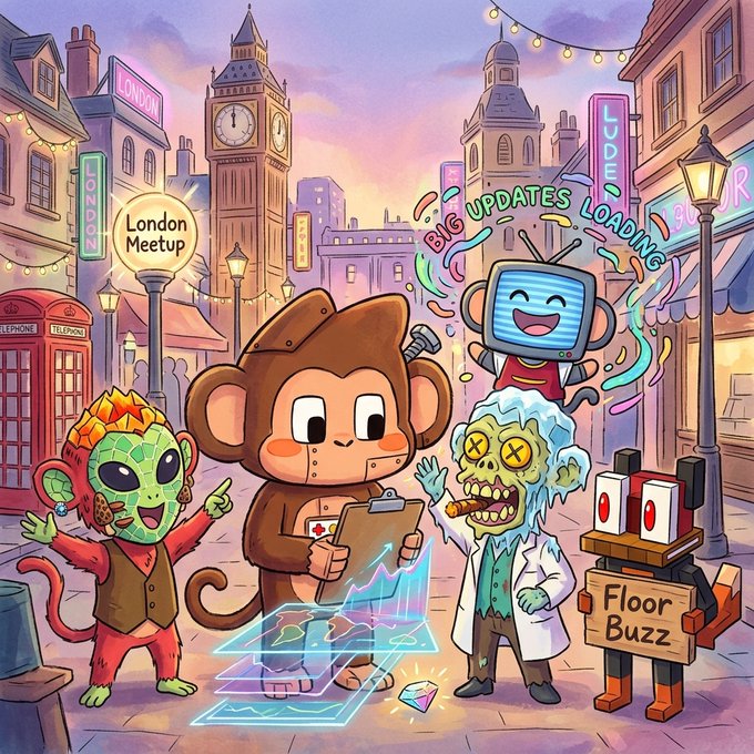 A vibrant cartoon scene depicts a London meetup featuring a "Big Updates Loading" robot, a monkey in a suit holding a clipboard with charts, a green alien in a vest, and a mad scientist zombie labeled "Floor Buzz" against a backdrop of Big Ben and red telephone booths, with a "London Meetup" sign, visually capturing the community energy surge described in the post.