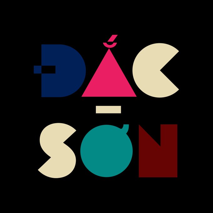 A stylized graphic spelling out 'DAC SON' in colorful geometric letters (blue, pink, cream, and red) against a black background.