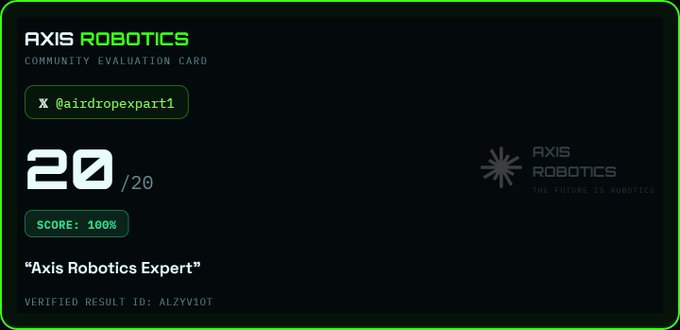 An 'Axis Robotics Community Evaluation Card' for user @airdropexpart1, displaying a perfect score of 20/20, labeled as an 'Axis Robotics Expert' with score 100%.