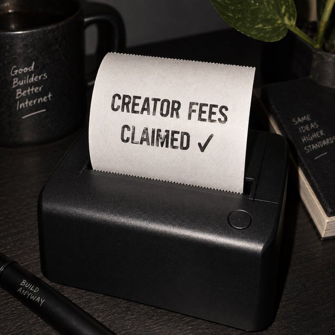 A black thermal receipt printer on a dark wooden desk prints a slip reading 'CREATOR FEES CLAIMED ✓', with a black mug labeled 'Good Builders Better Internet' and a notebook reading 'SAME IDEAS HIGHER STANDARDS' in the background.