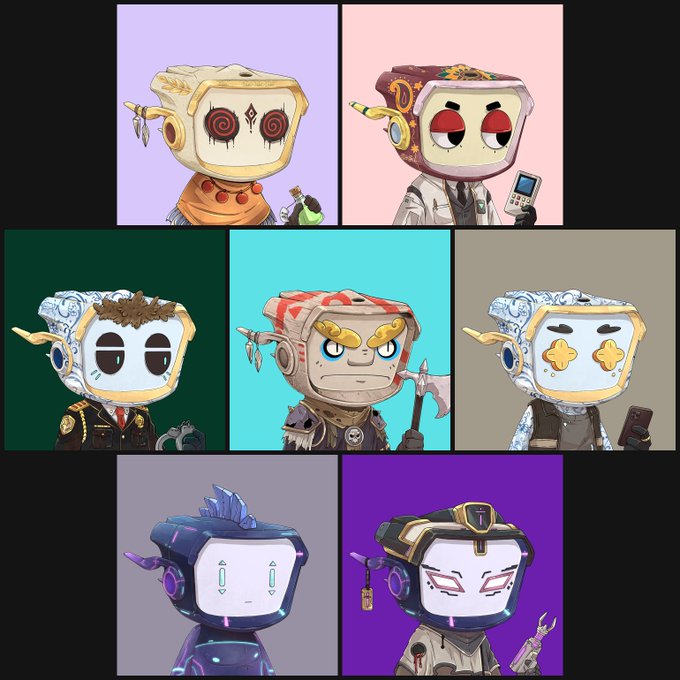 A collage of seven stylized cartoon NFT characters with boxy, helmet-like heads in various colors, expressions, and outfits against different colored backgrounds.