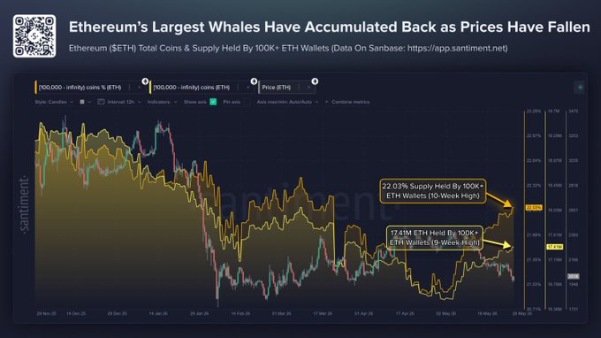The image shows a chart depicting the performance of Ethereum whales holding at least 100,000 ETH (ether) over a period of 9 weeks. The chart displays an upward trend, with Ethereum's price increasing during this time. By the middle of the 9th week, theETH price has reached its peak, while in the following weeks, it gradually declines to reach a relatively low point before leveling off. This pattern indicates that the largest whales holding at least 100K ETH have accumulated substantial value for Ethereum as prices fall.