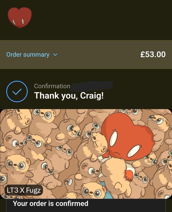 A mobile app order confirmation screen showing 'Order summary £53.00' and 'Confirmation Thank you, Craig!' with artwork featuring a red alien-like creature surrounded by cute brown puppies, labeled 'LT3 X Fugz' and 'Your order is confirmed'.