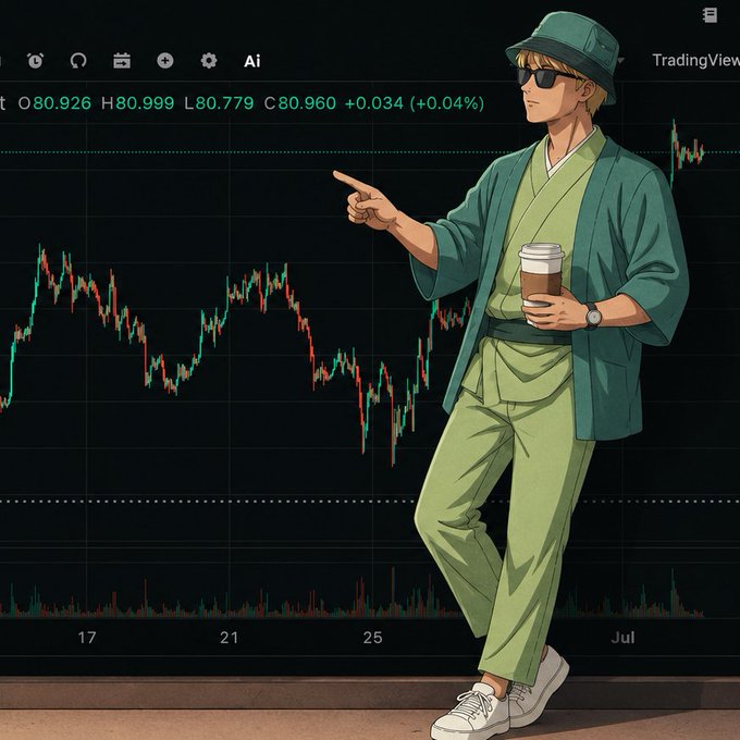 An anime-style illustration shows a man in green clothing, sunglasses, and a bucket hat holding a coffee cup and pointing at a TradingView stock chart displaying price data (O80.926 H80.999 L80.779 C80.960 +0.034 (+0.04%)) with dates 17, 21, 25, and Jul.