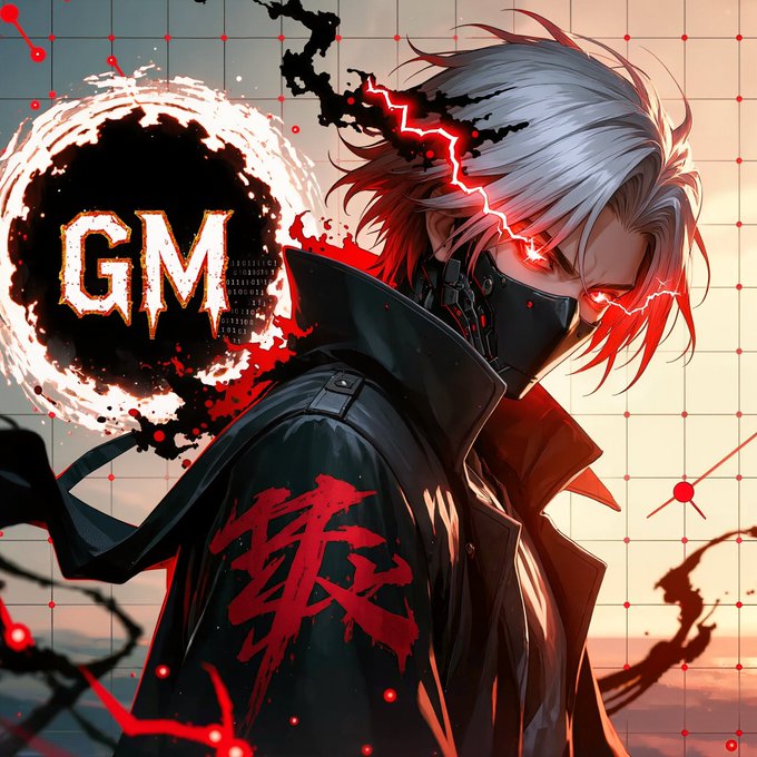 Anime-style illustration of a character with white hair and a black mask with red lightning effects across their eyes, featuring the letters 'GM' and a red Chinese character '戦' on their jacket.