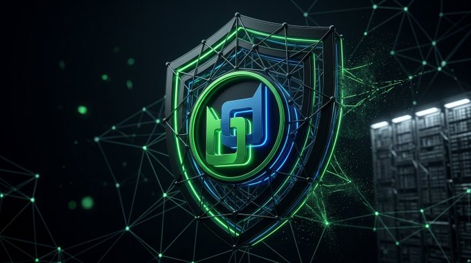 A digital graphic featuring a glowing green and blue shield emblem with interconnected nodes and lines, set against a dark background with server racks visible on the right.
