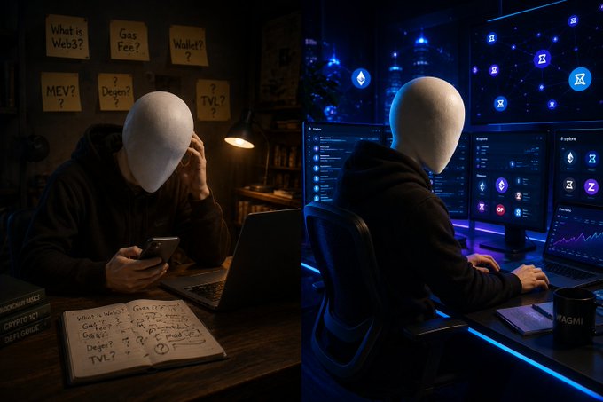 Split image showing a person with no face: left side depicts someone in a hoodie looking at notes about crypto ("What is Web3? Gas Fee? Wallet? MEV? Degen?"), while the right side shows them at a modern computer setup trading cryptocurrencies on multiple monitors.