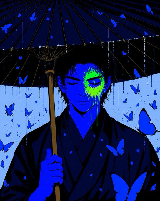 An anime-style illustration of a blue-skinned figure in a kimono holding a parasol, with neon green dripping from their closed eye, surrounded by blue butterflies.
