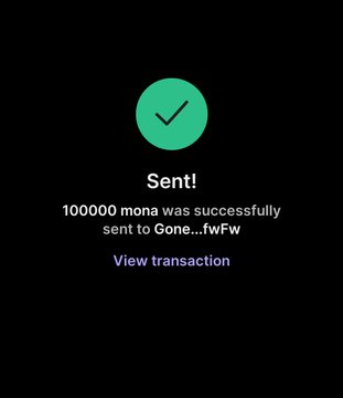 A confirmation screen showing 100,000 mona was successfully sent to a wallet, which appears to be used as promotional proof for a $MONA crypto airdrop requiring users to submit their $SOL wallet address. The "View transaction" button likely directs users to verify the transaction on-chain.