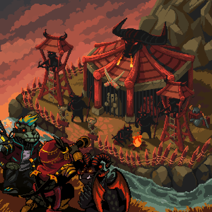 Pixel art scene depicting a dark, demonic outpost with red tents, a large horned creature on the roof, shadowy figures, and warriors crossing a bridge toward the fortress under a fiery red sky.