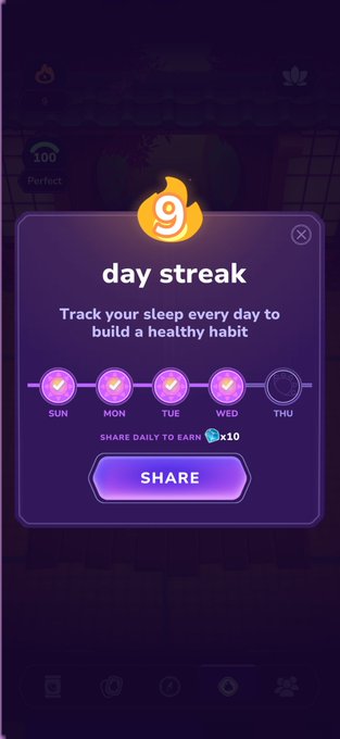 A mobile app screen showing a '9 day streak' achievement with a flame icon, encouraging users to 'Track your sleep every day to build a healthy habit' with a 'SHARE' button and 'SHARE DAILY TO EARN x10' reward.