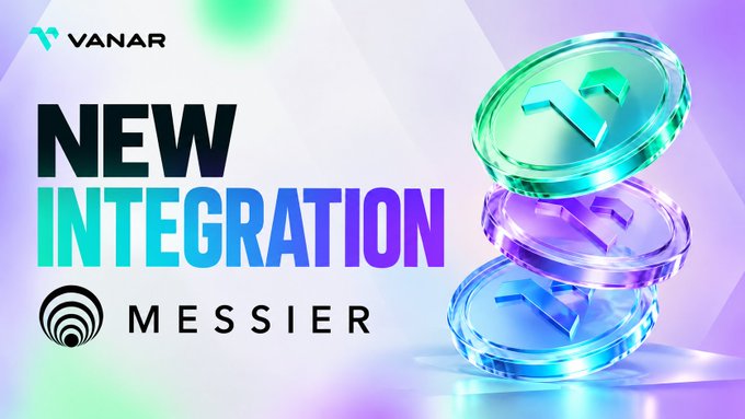 A promotional graphic announcing 'NEW INTEGRATION' between VANAR and MESSIER, featuring stacked translucent teal and purple crypto-style coins on the right side.