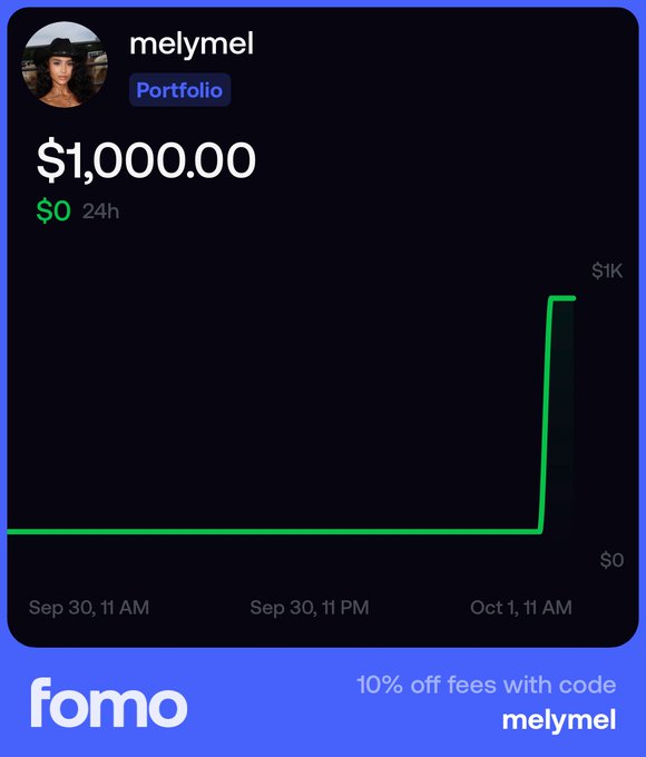 A Fomo app portfolio screenshot showing user 'melymel' with a portfolio value of $1,000.00, $0 change in 24h, and a referral code 'melymel' for 10% off fees.