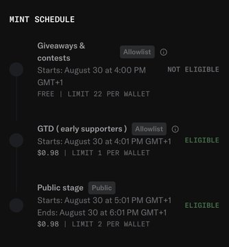A 'MINT SCHEDULE' interface listing three stages: 'Giveaways & contests' (NOT ELIGIBLE), 'GTD early supporters' ($0.98, ELIGIBLE), and 'Public stage' ($0.98, ELIGIBLE), all starting August 30 at GMT+1.